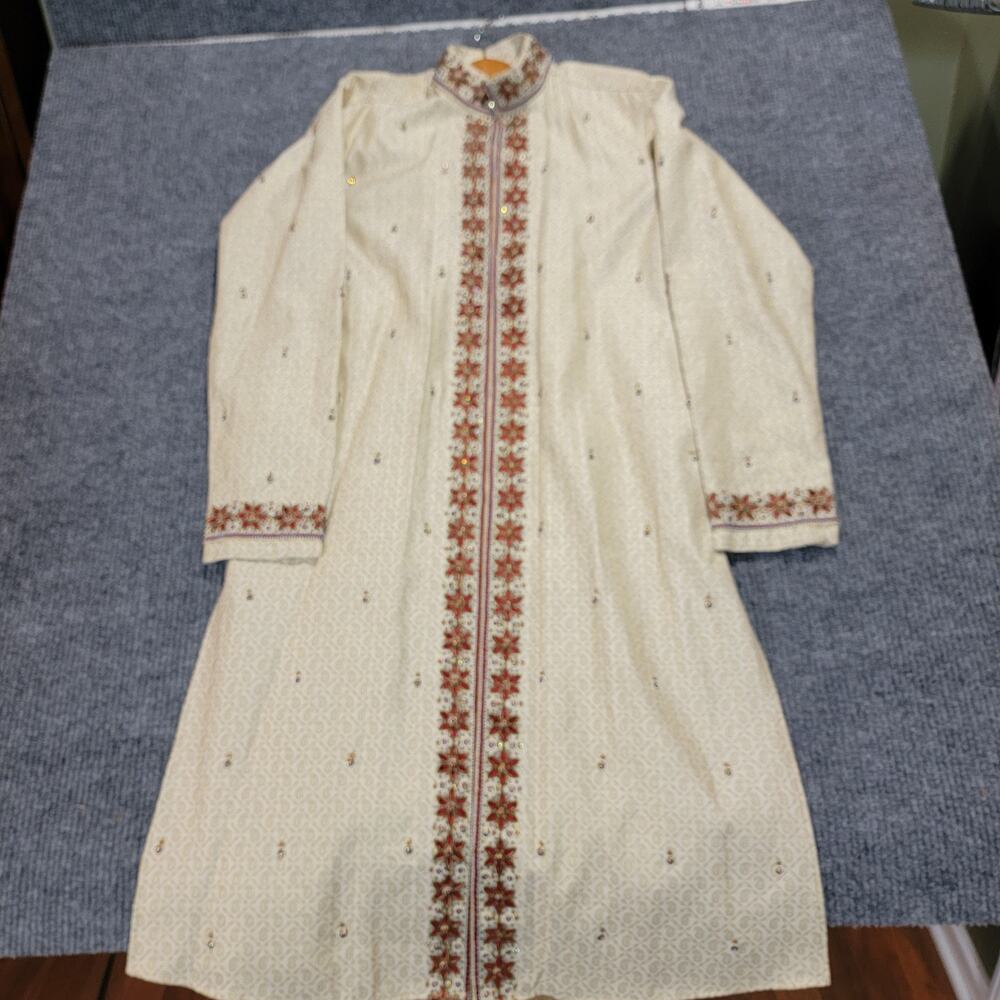 Jade Blue 42 Cream Embroidered Sherwani Mens Wedding Coat 100% Poly